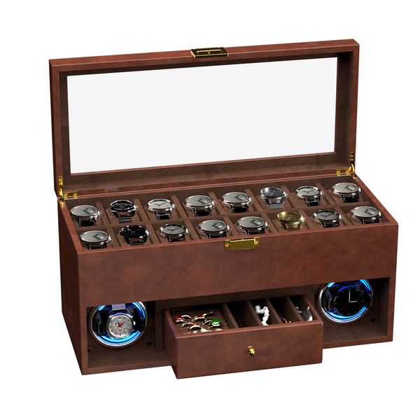 Remontoir pour 2 montres automatiques avec 16 compartiments supplémentaires, éclairage LED et moteurs silencieux - Marron