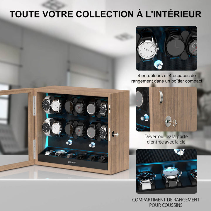 Remontoirs pour montres automatiques avec 6 rangements supplémentaires et lumière LED bleu aurore - Grain