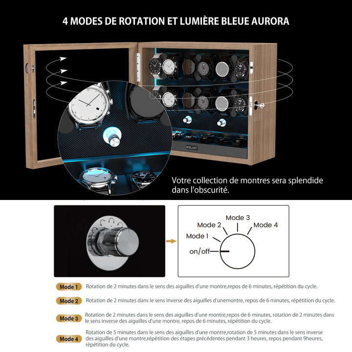 Remontoirs pour montres automatiques avec 6 rangements supplémentaires et lumière LED bleu aurore - Grain