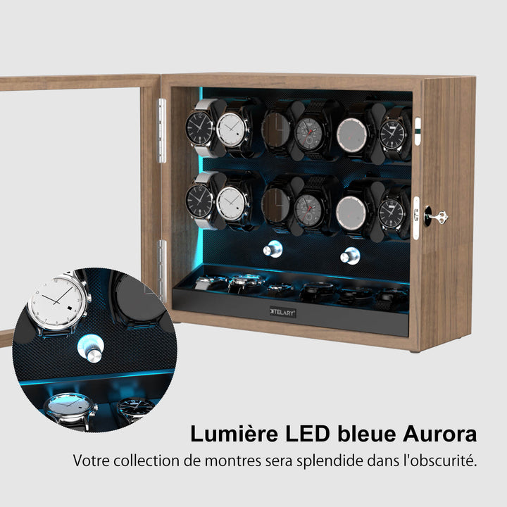 Remontoirs pour montres automatiques avec 6 rangements supplémentaires et lumière LED bleu aurore - Grain