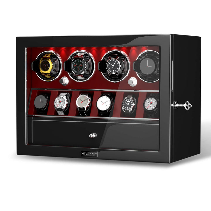 Compact 4 Watch Winder with 6 Watch Storage Space White Led Light