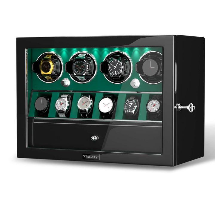 Compact 4 Watch Winder with 6 Watch Storage Space White Led Light