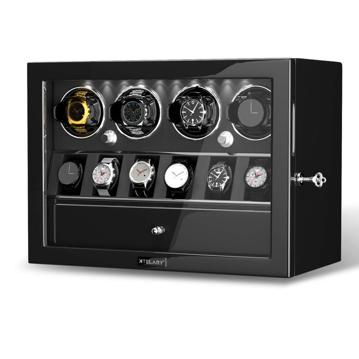 Compact 4 Watch Winder with 6 Watch Storage Space White Led Light