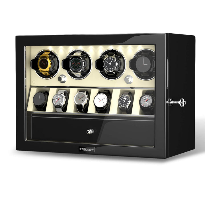 Compact 4 Watch Winder with 6 Watch Storage Space White Led Light