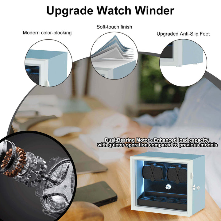 Large Capacity Watch Winders with Extra Storage Space Aurora Blue LED Light