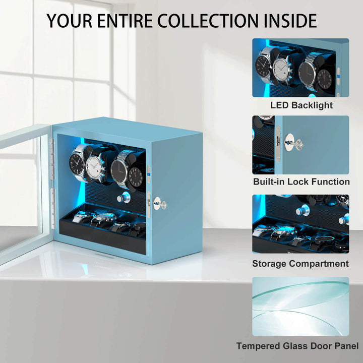 Large Capacity Watch Winders with Extra Storage Space Aurora Blue LED Light
