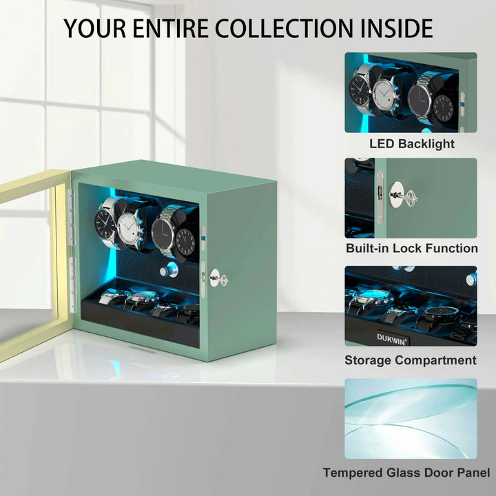 Large Capacity Watch Winders with Extra Storage Space Aurora Blue LED Light
