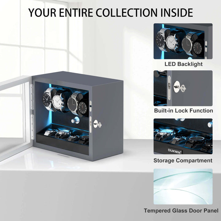 Large Capacity Watch Winders with Extra Storage Space Aurora Blue LED Light