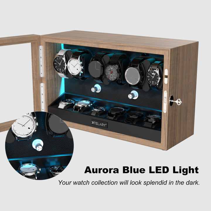 Remontoirs de montres de grande capacité avec espace de rangement supplémentaire, lumière LED bleue Aurora