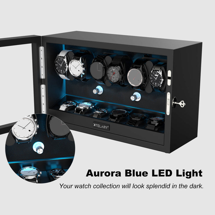 Remontoirs de montres de grande capacité avec espace de rangement supplémentaire, lumière LED bleue Aurora