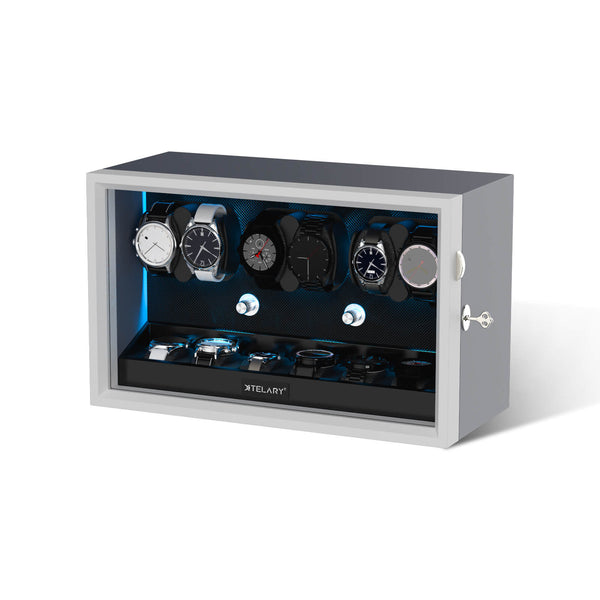 6 Uhrenbeweger für Automatikuhren mit 6 zusätzlichen Staufächern, Aurora Blue LED-Licht – Schwarz