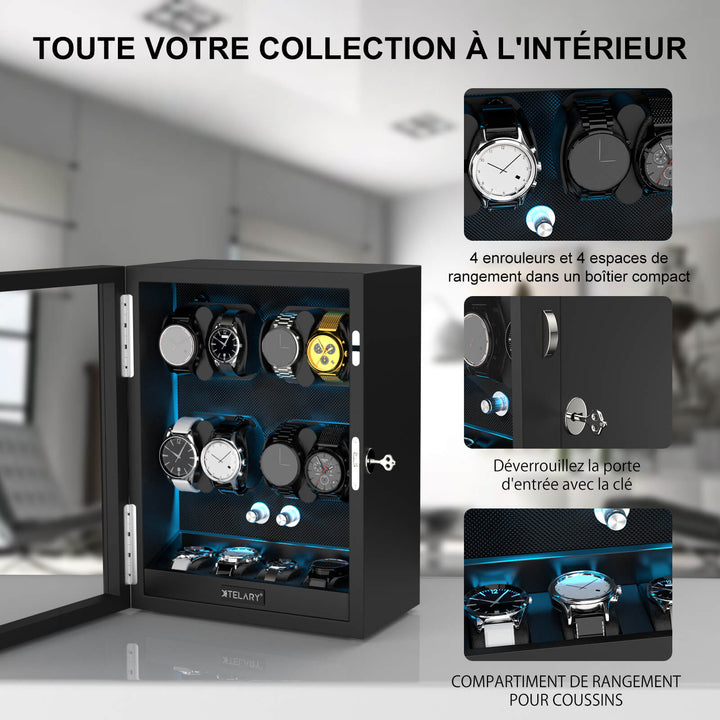 8 remontoirs de montres pour montres automatiques avec 4 moteurs Mabuchi silencieux de stockage supplémentaires - Noir