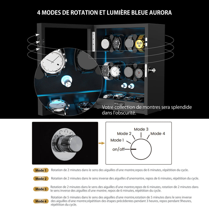 8 remontoirs de montres pour montres automatiques avec 4 moteurs Mabuchi silencieux de stockage supplémentaires - Noir
