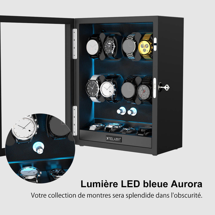 8 remontoirs de montres pour montres automatiques avec 4 moteurs Mabuchi silencieux de stockage supplémentaires - Noir
