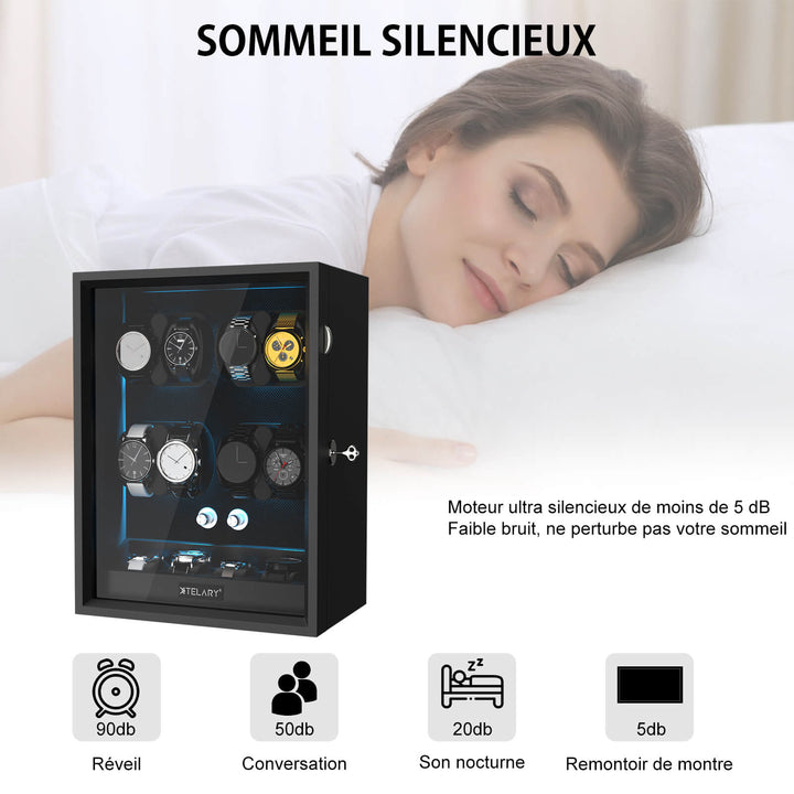 8 remontoirs de montres pour montres automatiques avec 4 moteurs Mabuchi silencieux de stockage supplémentaires - Noir