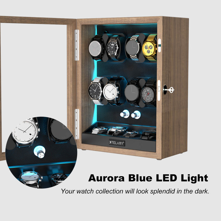 Remontoirs de montres de grande capacité avec espace de rangement supplémentaire, lumière LED bleue Aurora
