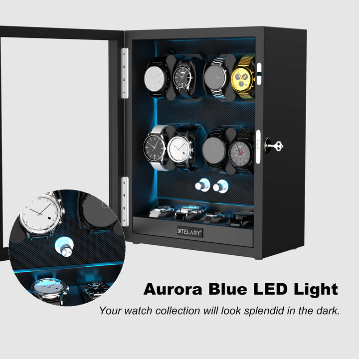 Remontoirs de montres de grande capacité avec espace de rangement supplémentaire, lumière LED bleue Aurora