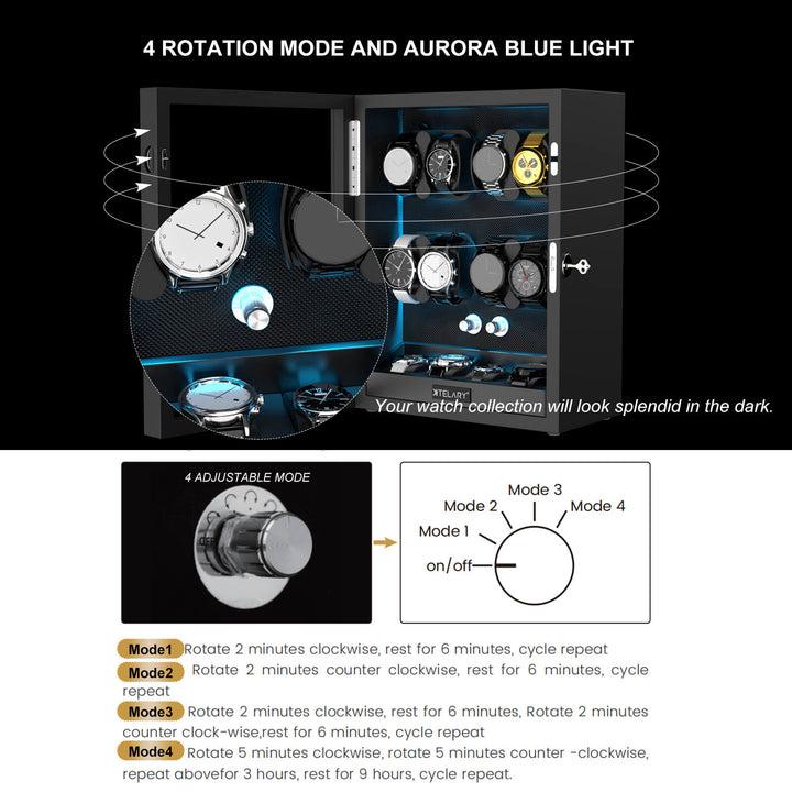 Remontoirs de montres de grande capacité avec espace de rangement supplémentaire, lumière LED bleue Aurora
