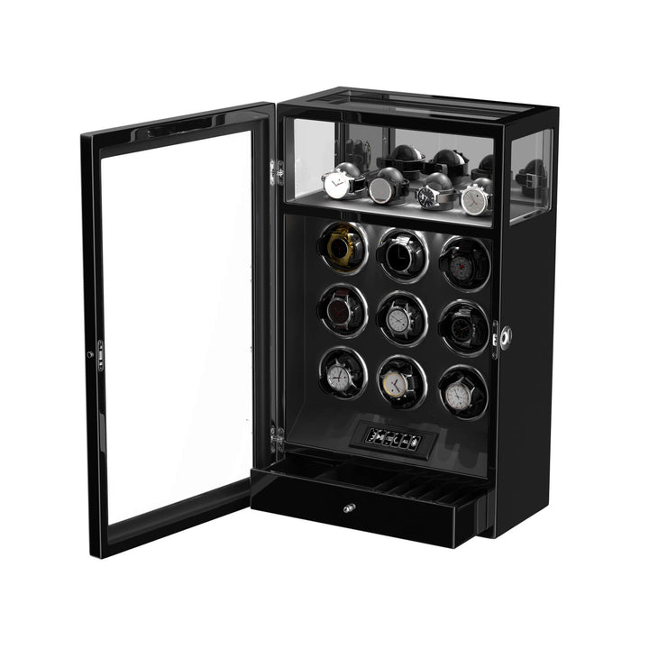 Remontoir pour 9 montres avec 4 supports et verrouillage par empreinte digitale - Noir
