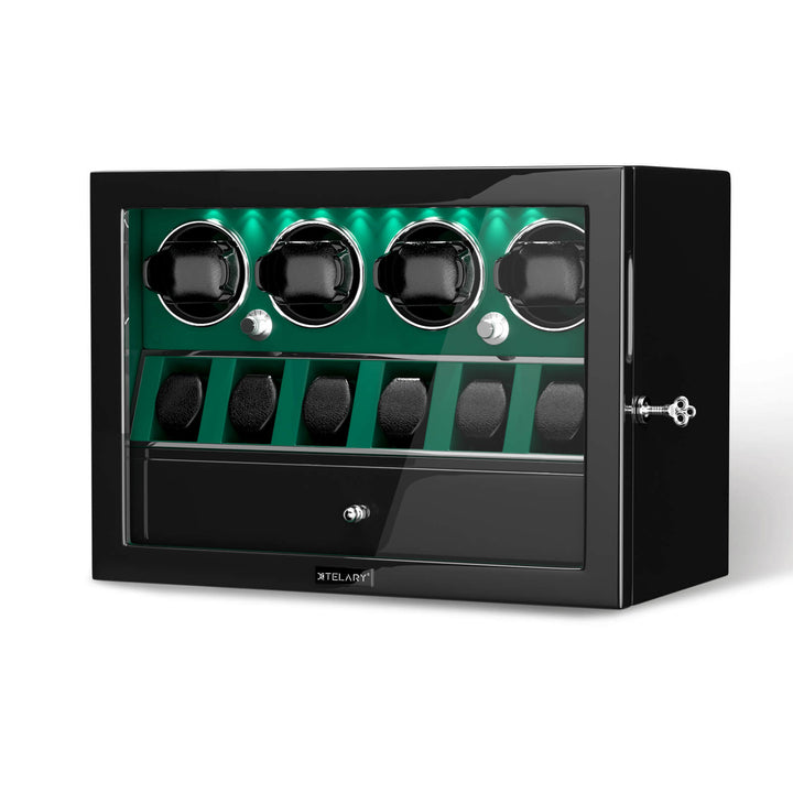 Compact 4 Watch Winder with 6 Watch Storage Space White Led Light