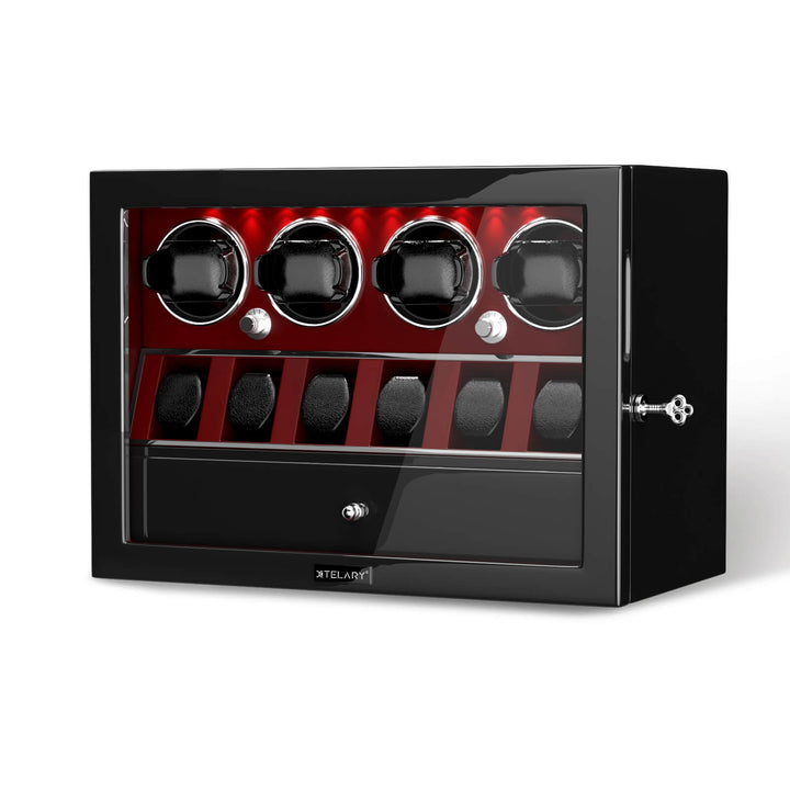 Compact 4 Watch Winder with 6 Watch Storage Space White Led Light