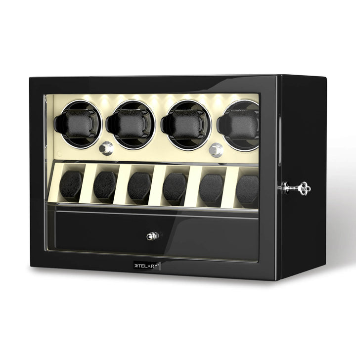 Compact 4 Watch Winder with 6 Watch Storage Space White Led Light