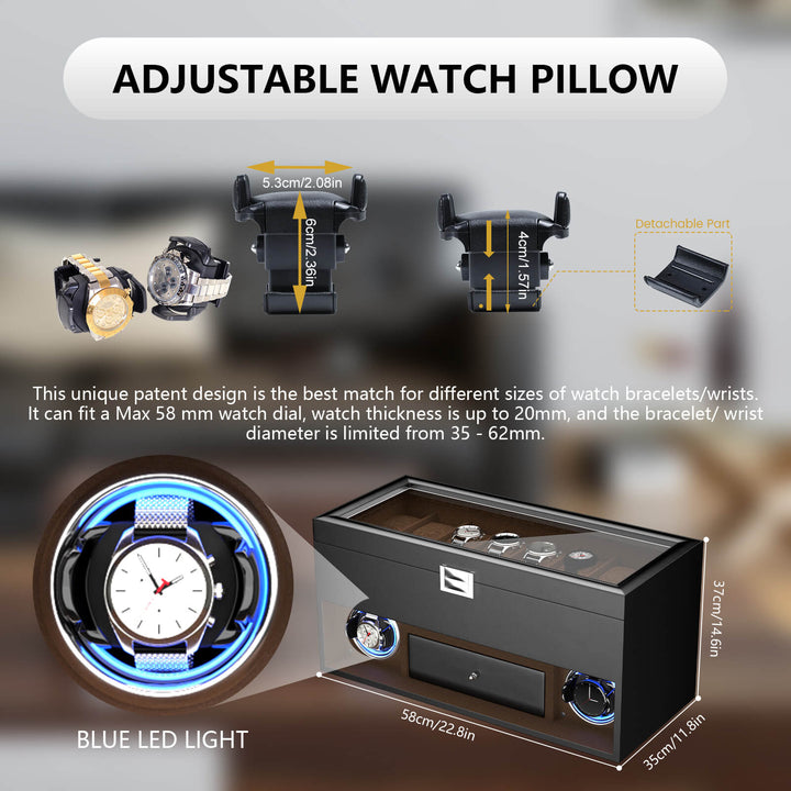 Remontoir pour 2 montres automatiques avec 16 compartiments supplémentaires, éclairage LED et moteurs silencieux - Noir