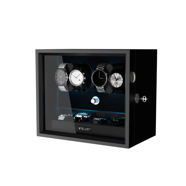 4 Uhrenbeweger für Automatikuhren mit 4 zusätzlichen Stauräumen, Aurora blaues LED-Licht – Schwarz