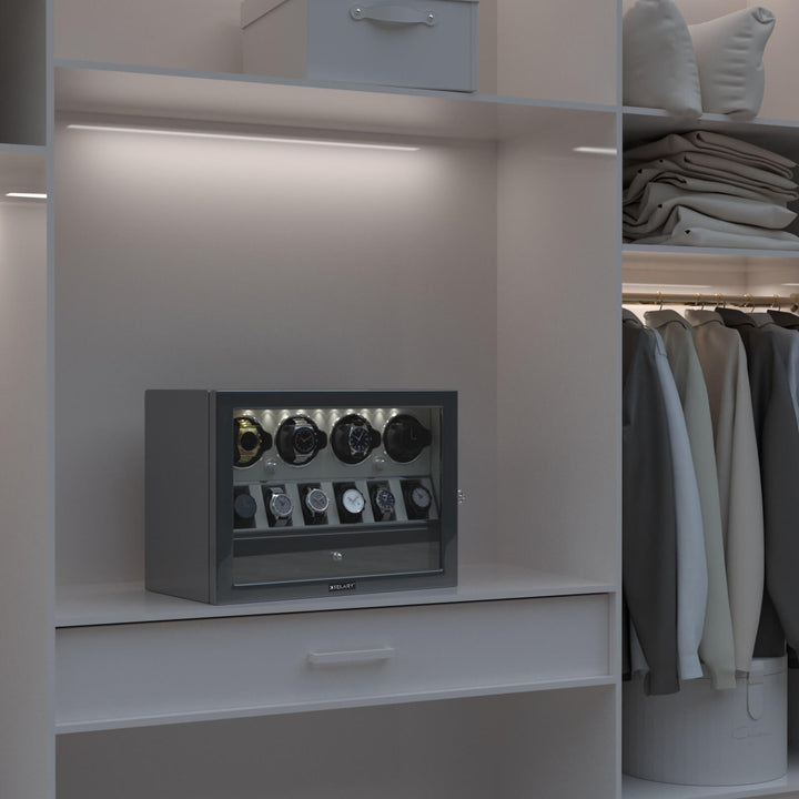 Compact 4 Watch Winder with 6 Watch Storage Space White Led Light