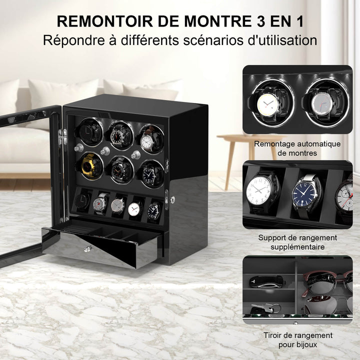 Remontoirs de montres compacts pour 6 montres avec espace de rangement pour organisateur de 5 montres Moteur Mabuchi silencieux - Noir