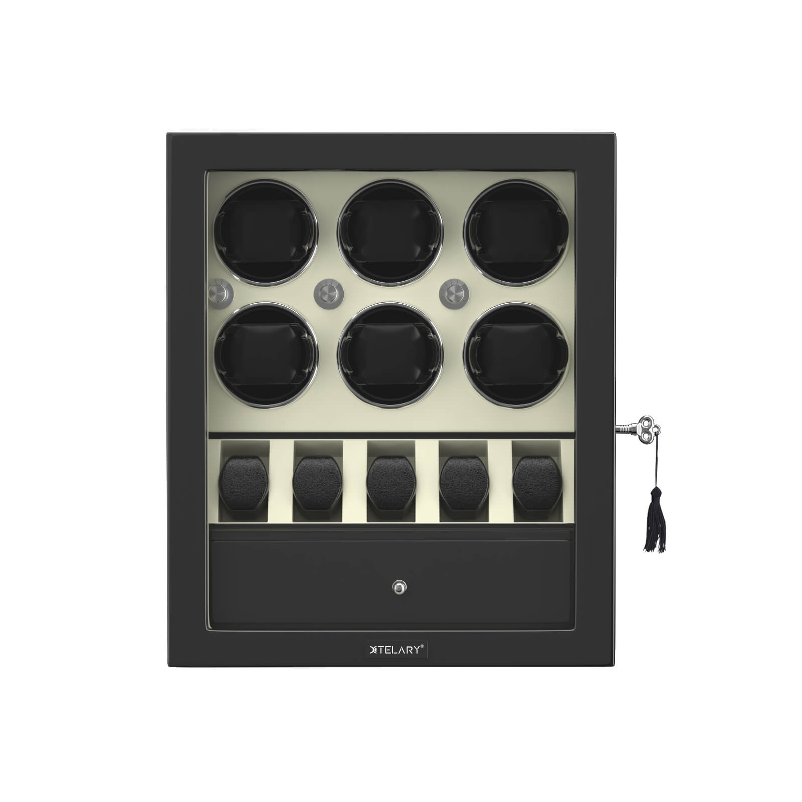 Remontoir compact pour 6 montres avec 5 montres supplémentaires, espace de rangement, moteur silencieux, blanc cassé