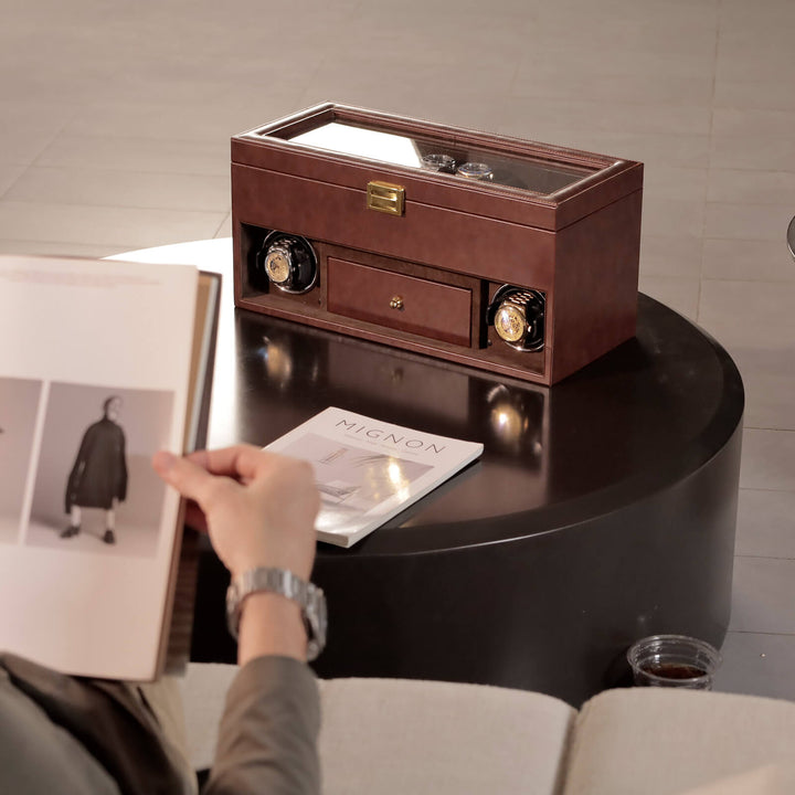 Remontoir pour 2 montres automatiques avec 16 compartiments supplémentaires, éclairage LED et moteurs silencieux - Marron
