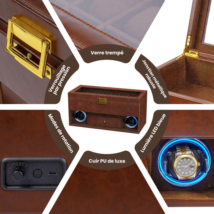 Remontoir pour 2 montres avec éclairage LED et organiseur de bijoux DIY à 16 compartiments