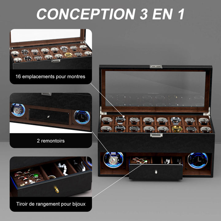 Remontoir pour 2 montres avec éclairage LED et organiseur de bijoux DIY à 16 compartiments