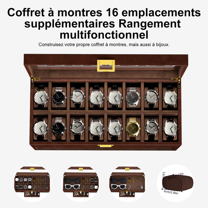 Remontoir pour 2 montres avec éclairage LED et organiseur de bijoux DIY à 16 compartiments