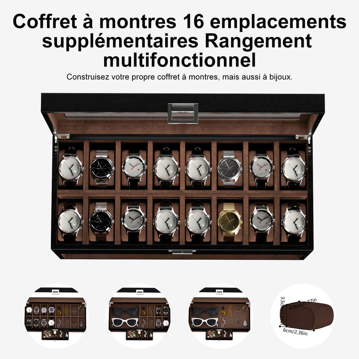 Remontoir pour 2 montres avec éclairage LED et organiseur de bijoux DIY à 16 compartiments