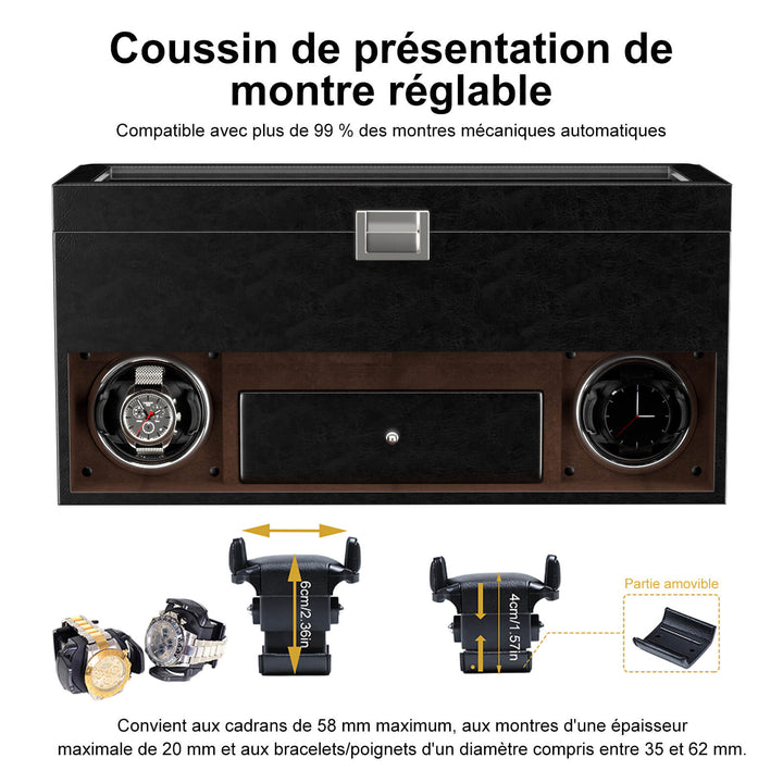 Remontoir pour 2 montres avec éclairage LED et organiseur de bijoux DIY à 16 compartiments
