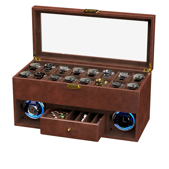 Remontoir pour 2 montres avec éclairage LED et organiseur de bijoux DIY à 16 compartiments