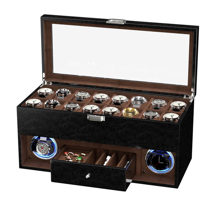 Remontoir pour 2 montres avec éclairage LED et organiseur de bijoux DIY à 16 compartiments