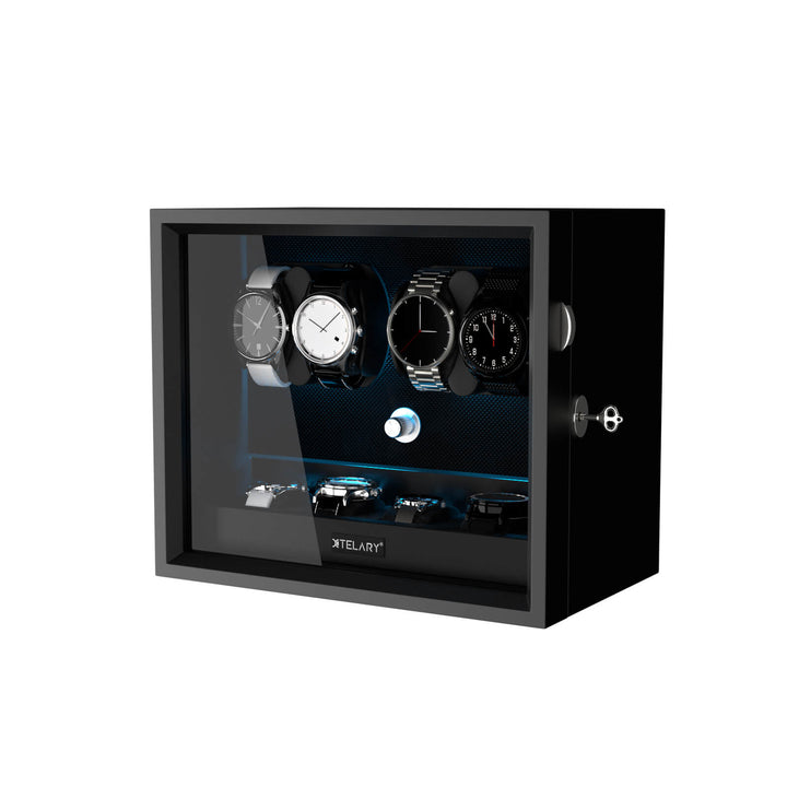 Remontoir pour montres automatiques avec 4 rangements supplémentaires et lumière LED bleu aurore - Noir