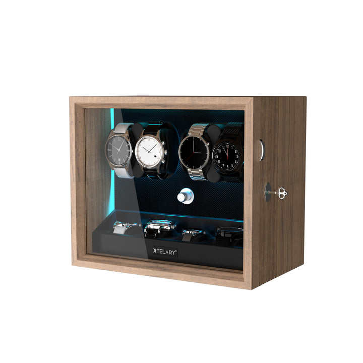 Remontoir pour montres automatiques avec 4 rangements supplémentaires et lumière LED bleu aurore - Grain