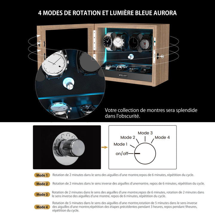 Remontoir pour montres automatiques avec 4 rangements supplémentaires et lumière LED bleu aurore - Grain