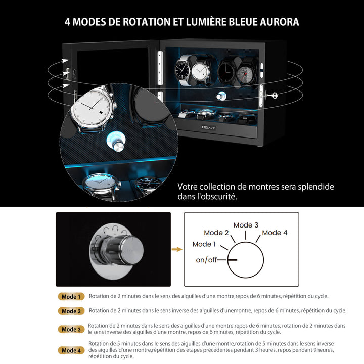 Remontoir pour montres automatiques avec 4 rangements supplémentaires et lumière LED bleu aurore - Noir