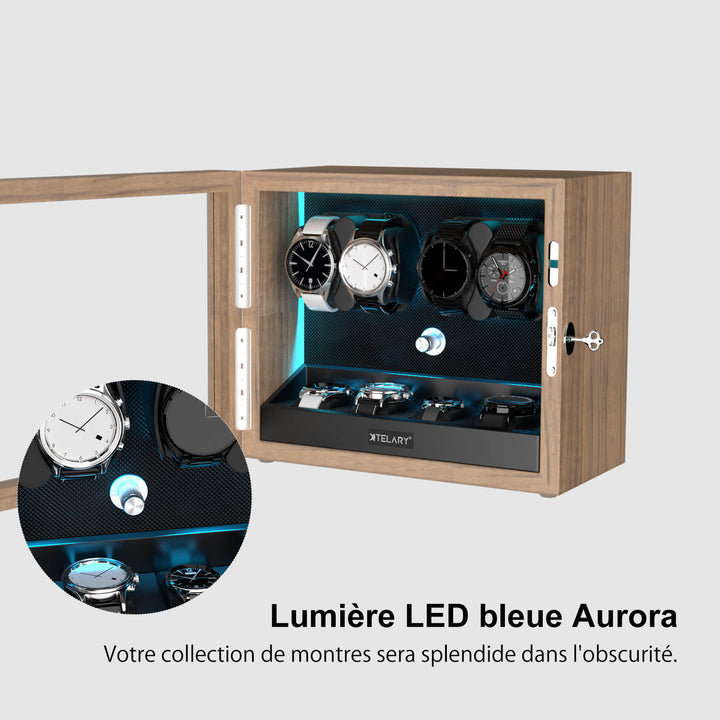 Remontoir pour montres automatiques avec 4 rangements supplémentaires et lumière LED bleu aurore - Grain