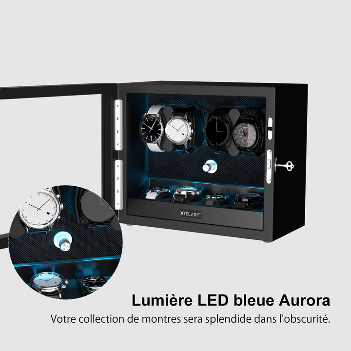 Remontoir pour montres automatiques avec 4 rangements supplémentaires et lumière LED bleu aurore - Noir