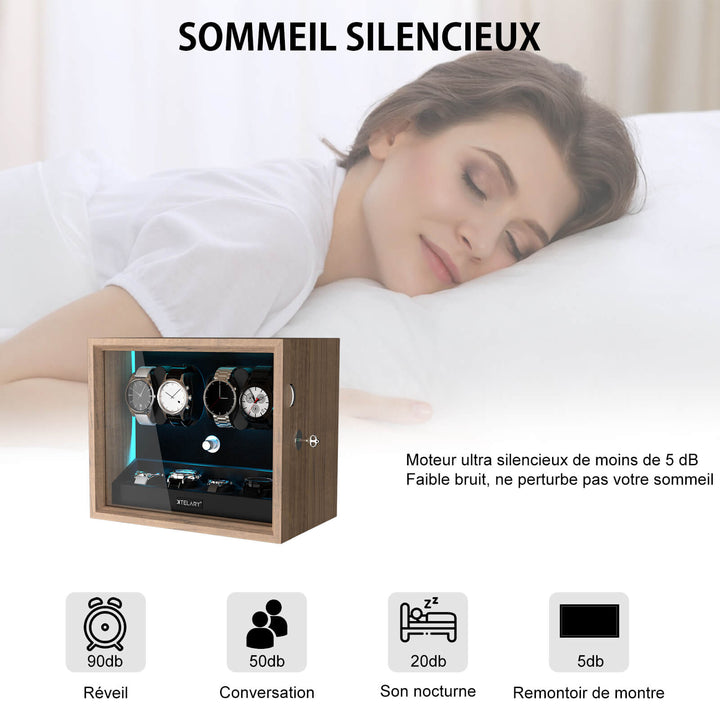 Remontoir pour montres automatiques avec 4 rangements supplémentaires et lumière LED bleu aurore - Grain
