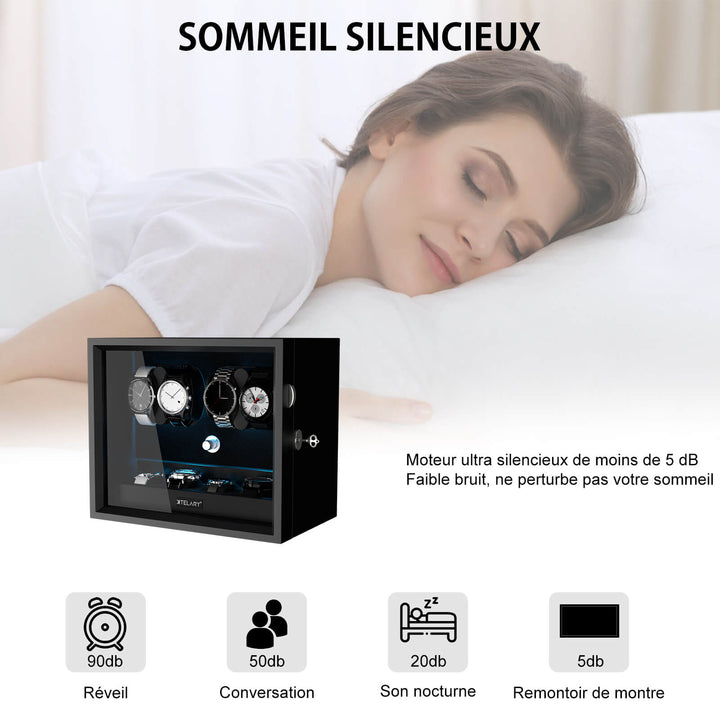 Remontoir pour montres automatiques avec 4 rangements supplémentaires et lumière LED bleu aurore - Noir