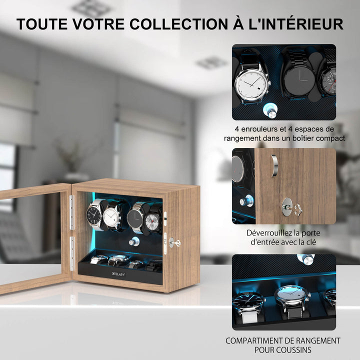 Remontoir pour montres automatiques avec 4 rangements supplémentaires et lumière LED bleu aurore - Grain