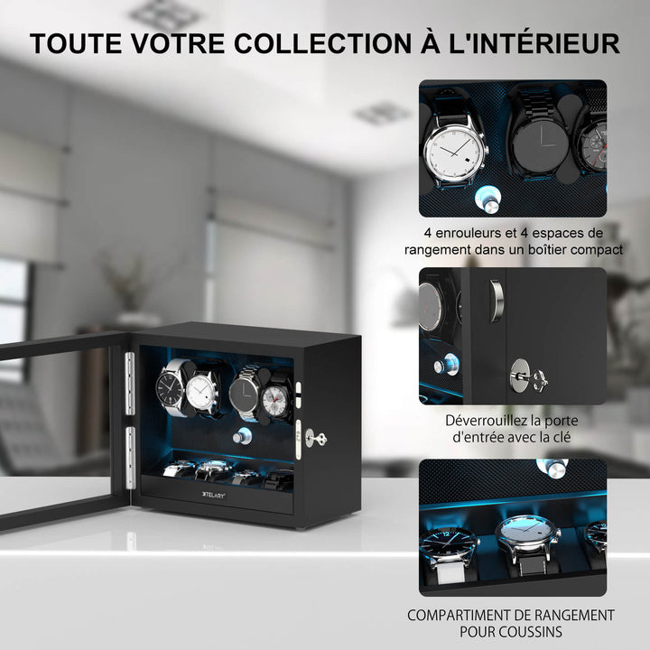 Remontoir pour montres automatiques avec 4 rangements supplémentaires et lumière LED bleu aurore - Noir