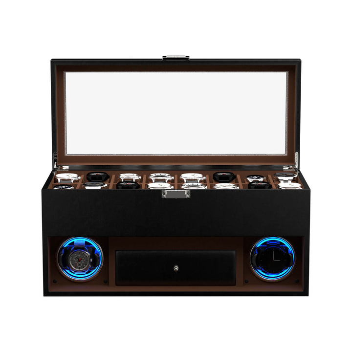 Remontoir pour 2 montres automatiques avec 16 compartiments supplémentaires, éclairage LED et moteurs silencieux - Noir